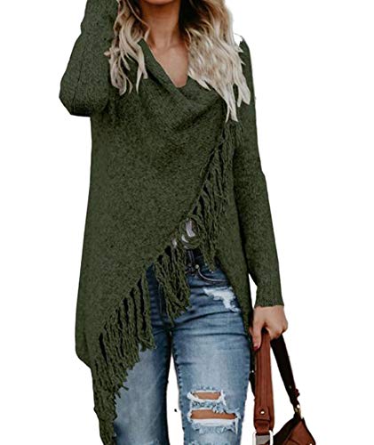 Image of Sexyshine Women's Casual Fall Knit Long Sleeve Tassels Irregular Loose Cardigan Pullover Striped Sweater Poncho
