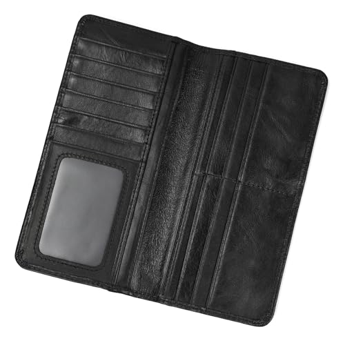 LUUFAN Genuine Leather Long Wallet with Multiple Card Slots for Men and Women, Coin Pocket Cash Credit Card Holder Slim Bifold Purse, Black