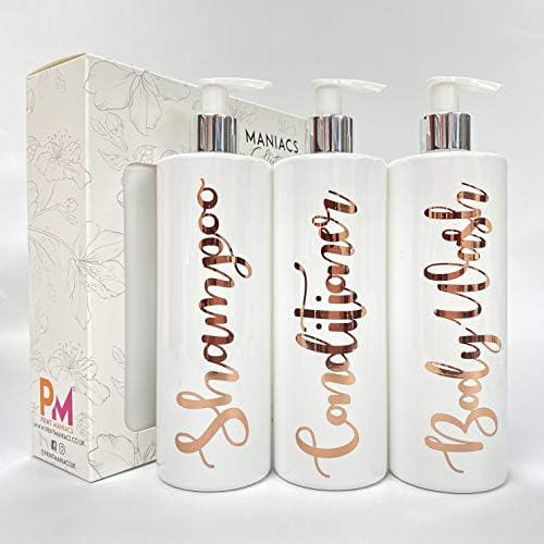 Print Maniacs 3 Set Mrs Hinch Inspired White Personalised Dispenser Pump Bottles Shampoo Conditioner Body Wash (Black)