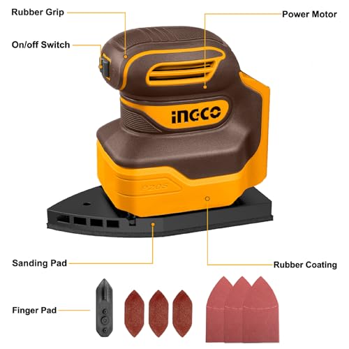 INGCO 20V Cordless Mouse Sander (Body Only) 12000RPM Electric Detail Sander Handheld with 1Pcs Sanding Pad, 3Pcs Finger Sander Paper, 3Pcs Sand Paper for Wood Furniture Finishing CPSLI2014 4 INGCO 20V Cordless Mouse Sander (Body Only) 12000RPM Electric Detail Sander Handheld with 1Pcs Sanding Pad, 3Pcs Finger Sander Paper, 3Pcs Sand Paper for Wood Furniture Finishing CPSLI2014 - Image 4