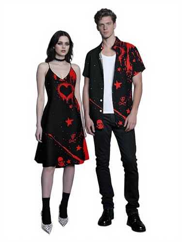 Image of DRESSFO Couple Matching Hawaiian Outfits Gothic Print V Neck Spaghetti Strap Dress or Roll Up Sleeve Shirts Outfit