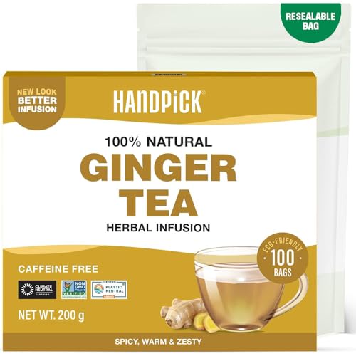 HANDPICK, Ginger Tea Bags (100 Count) Non-GMO,Pure Ingredients - Soothing & Spicy Blend | Round Eco-conscious Tea Bags | Herbal Teabags