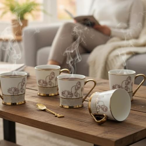 Image of Clay Craft Fine Ceramic Tea Cups Set of 6| 180 Ml Gold Print Cups with Handle | Elegant Design for Tea| Coffee| Home| Office & Gifting