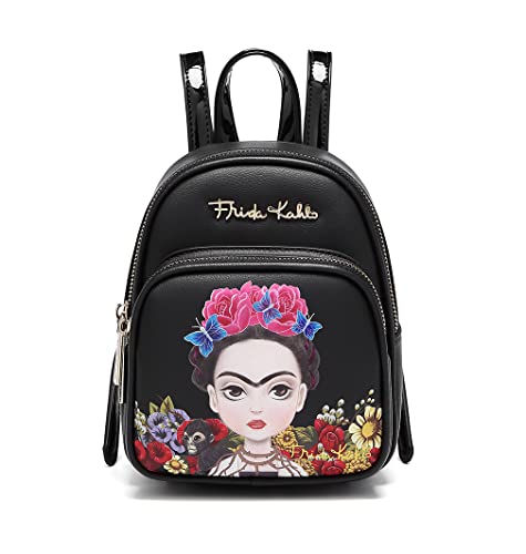 Frida Kahlo Cartoon Flower Collection Mini Size Backpack (Black/Black)