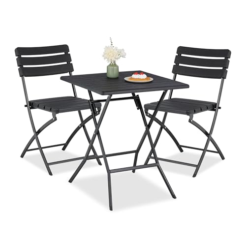 Relaxdays Juego Muebles de Balcón, Conjunto Mesa y 2 Sillas de Jardín, Plegable, Efecto Madera, Acero y Plástico, Negro