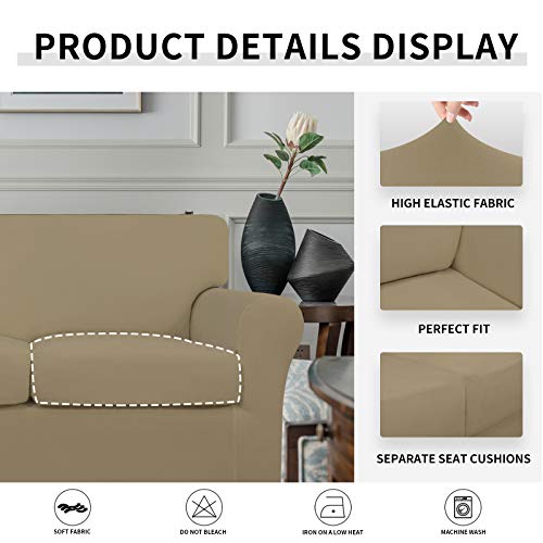Image of Easy-Going 4 Pieces Stretch Soft Couch Cover for Dogs - Washable Sofa Slipcover for 3 Separate Cushion Couch - Elastic Furniture Protector for Pets, Kids(Sofa, Tan, Large) | Sofa Slipcover for Stretch 3 Separate Sectional Cushion Couch - Furniture Protector for Pets, Kids Tan