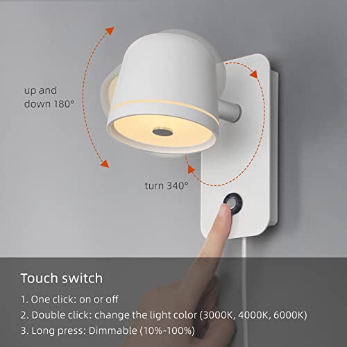 Image of Aisilan LED Plug in Wall Sconce with Touch Dimmable Control Adjustable Wall Mounted Lamp Angle Anti-Glare Matte White Aluminum Bedside Reading Wall Lights for Bedroom Living Room