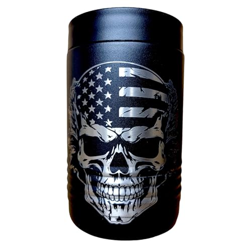 Skull Flag American FlagDouble Walled Stainless Steel Insulated Can Cooler – Holds 12 or 16 oz Cans or 12 oz Bottles - Two-Sided Engraving - Includes USA Flag Sticker (Skull Flag)