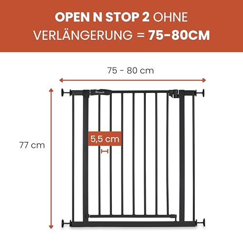 hauck Open N Stop 2, Schwarz - Kinderschutzgitter Hundegitter, Verstellbare Breite 75-80 cm, 77 cm Hoch, Beidseitige Einhand Öffnung, ohne Bohren, für Innen