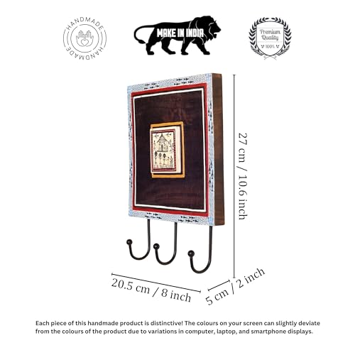 Image of AAKRITI ART CREATIONS Warli Art Wooden Towel Holder | Nira Bath Towel Hanger with Three Hooks | Handcrafted Bathroom Towel Hanger with Metal Art | Matte Finish Brown Wall Mounted Towel Holder