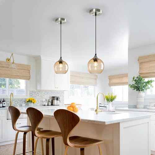 Image of Light Brown Glass Pendant Lights Kitchen Island Globe Pendant Light Fixtures Modern Pendant Lighting for Bedroom Living Dining Room Light Fixture (5.9 in, 2 Pack)