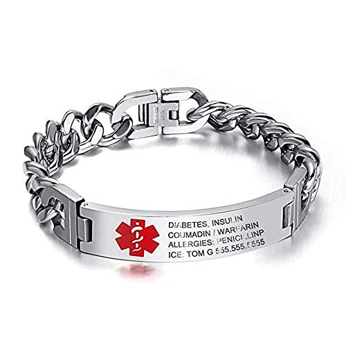 FenFang Personalized Emergency Medical Bracelets for Men Women for 7.5 to 8.5 Inches Free Engrave Medical ID Bracelets for Men Women Tag Stainless Steel Medical Alert Bracelets (7.5 inches for Women)