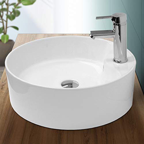 ECD Germany Lavabo Salle de Bain - Ø 460 x 460 mm x 155 mm - en Céramique - Rond - Blanc - Lave-Mains Évier - Lavabo Vasque à Poser sur Meuble - Design Moderne