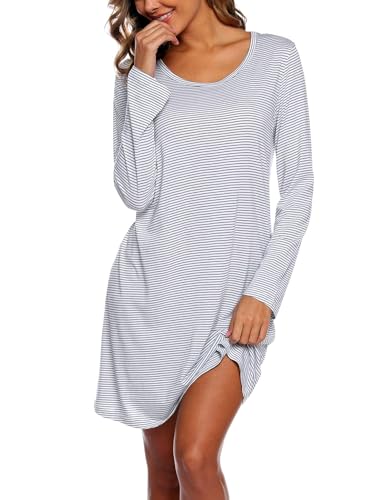 ENJOYNIGHT Womens Nightdresses Long Sleeve Nighties Cotton Nightshirt Soft Sleepwear Loungewear (X-Large,Line)