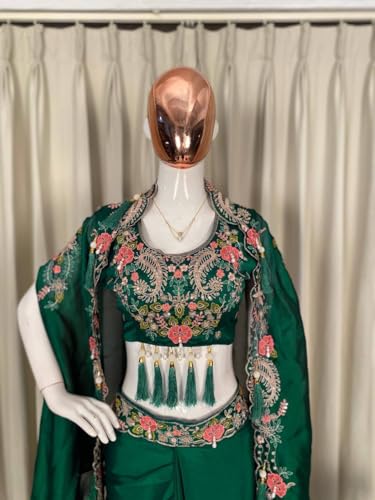 Image of infloura Speciel Outfit Chinon silk Fabric Dhoti With Cording Work Blouse With Stiched Lehenga Choli Set indowestern three piech wedding party letest new Green