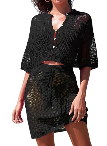 Pink Queen 2 Piece Crochet Swimsuit Cover Ups for Women Hollow Out Knitted Bathing Suit Coverup Beach Crop Top and Skirt Sets