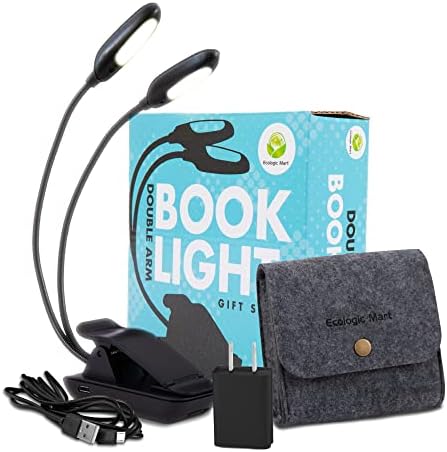 Ecologic Mart - Double Arm Rechargeable Book Light for Reading in Bed, Clip on Light for Reading Books with 9 Adjustable Reading Light Settings, 1200 mAh Portable Light Battery with Felt Case