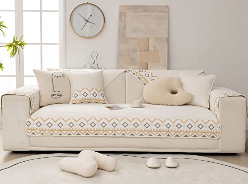 Xslive Farmhouse Embroidery Couch Sofa Cover Geometric Pattern Cotton Quilted Sectional Couch Cover Anti-Slip Soft Furniture Protector Sofa Slipcover For Living Room (Ivory,28"X28") #TOP1