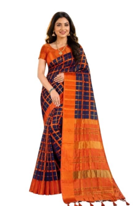 Elegant Women's Grey and Navy Blue Check Printed Cotton-Silk Saree with Woven Silver Zari Work Pallu, Border, and Tassels - Includes Matching Unstitched Blouse Piece-picture-10