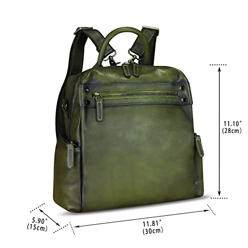 Image of Genuine Leather Backpack for Women Convertible Design Shoulder Bag Vintage Casual Daypack Knapsack Rucksack Purse (Green)