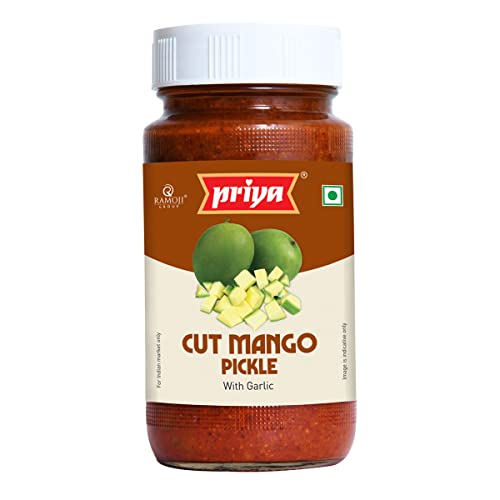 Image of Priya Cut Mango Pickle with Garlic, 300g - Authentic Telugu Style Aam Achar |Traditional South Indian Taste| Homemade Andhra Pickles| Tangy and Spicy| With Mango Pieces & Mixed Spices | Glass Jar