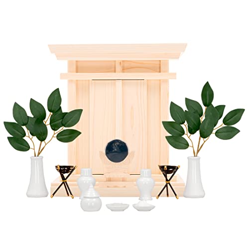 神棚の匠 祖霊舎 神徒壇 日本産桧 小型祖霊舎 ■神具一式セット付き 神具7点セット 人工榊 神鏡 かがり火 ■壁掛け用金具付き おしゃれ セット モダン 神具 榊 篝火 シンプル コンパクト ナチュラル 小型 ミニ 壁掛け 霊舎 霊璽 祖霊社 御霊舎 祭