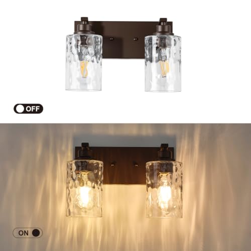 Image of 2-Light Bathroom Light Fixtures Modern ORB Vanity Lights | Easy to Install Clear Hammered Glass Shades, Rippled Glow, Wall Mount Up or Down, E26 Socket, Hardwired, 120V
