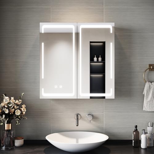 SIRHONA Armoire Miroir Salle de Bain avec Miroir, Armoire Pharmacie avec 3 Couleurs de Lumière...