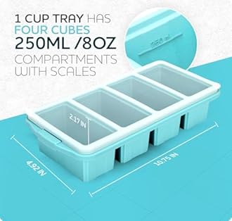 Silicone Freezer Tray With Lid - Soup Freezer Container molds - Large Ice Cube Tray- makes 8 perfect 1 cup portions cubes, 1-Pack Freezer Storage Food Soups & Meal Prep - Oven & Dishwasher -Safe