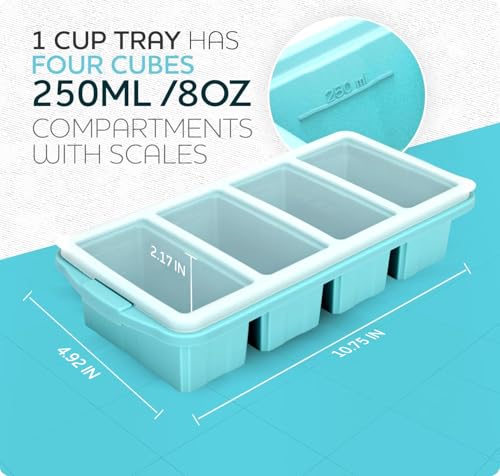 Silicone Freezer Tray With Lid - Soup Freezer Container molds - Large Ice Cube Tray- makes 8 perfect 1 cup portions cubes, 1-Pack Freezer Storage Food Soups & Meal Prep - Oven & Dishwasher -Safe
