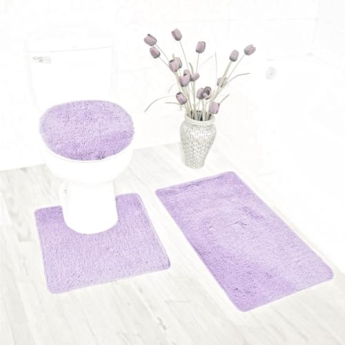 3 Piece Basic Polyester Ultra Plush Rugs Set with Toilet Lid Cover Bathroom Set #6 (Lilac Light Purple)