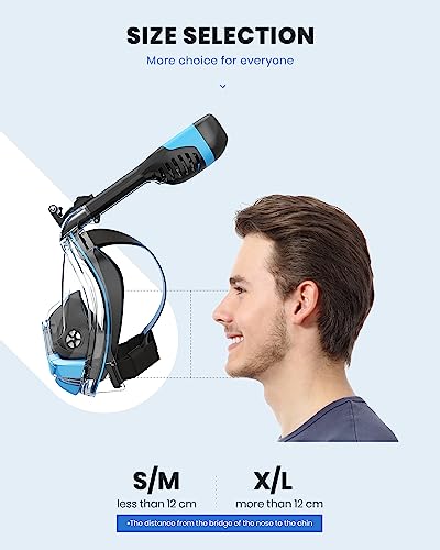 Máscara de snorkel facial completa para adultos LIFXIZE con sistema de respiración sin electricidad, vista panorámica 180°, anti-vaho, anti-fugas y soporte para cámara miniatura 3