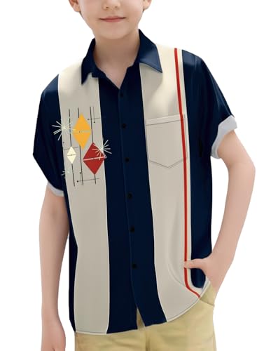 QIVICIMA Boys Retro Bowling Shirts Short Sleeve Button Down Shirts Cute Vintage Style Printed Shirt for Kid B1 Classics M