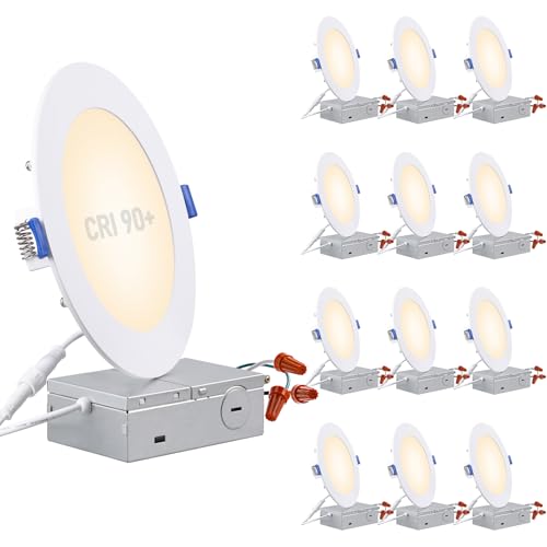 TORCHSTAR Basic Series 12-Pack 6 Inch Ultra-Thin LED Recessed Lighting with Junction Box, CRI90, Aluminum, 3000K Warm White, 5%-100% Dimmable Slim Recessed Downlight, 12W 1100LM, ETL and Energy Star