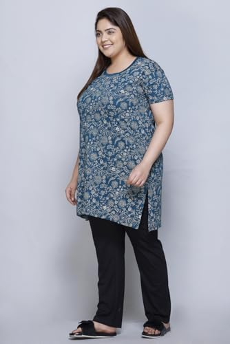 Image of RYSH Women's All-Over Printed Cotton Plus Size Longline T-Shirt Half Sleeve with Pockets Turquoise L