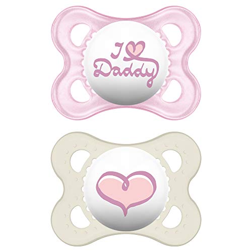 MAM I Love Daddy Collection Pacifiers (2 pack, 1 Sterilizing Pacifier Case), MAM Pacifier 0-6 Months, Baby Girl Pacifier, Best Pacifier for Breastfed Babies, Designs May Vary