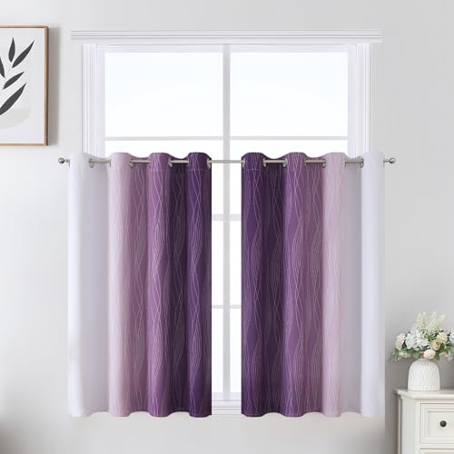 Image of Estelar Textiler Purple and Greyish White Ombre Short Blackout Kitchen Curtains 36 Inch Long, Thermal Insulated Grommet Small Half Window Drapes for Cafe /Basement /RV Camper, 52Wx36L, 2 Panels