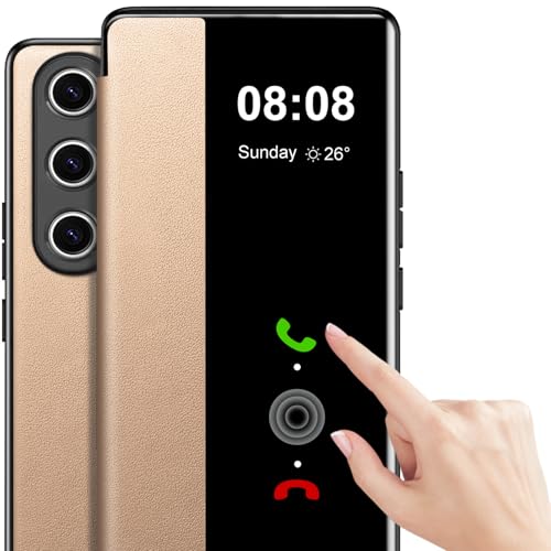 Coque Samsung S26 Ultra en cuir PU doré avec rabat transparent miroir élégant