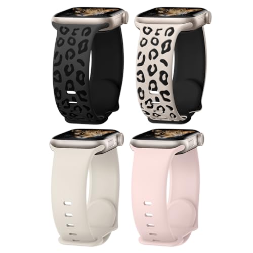 Knossen 4-Pack Sport Bands Compatible with Apple Watch Band 38mm 40mm 41mm 42mm 44mm 45mm 49mm Women Men, Leopard Engraved Silicone Sport Straps for iWatch Ultra 2 Series 9 8 7 6 5 4 3 2 1 SE