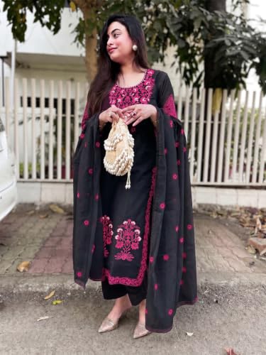 Image of GoSriKi Kurta Sets for Women Viscose Embroidered | Kurta Pant Dupatta Set | Straight Kurti Set for Women | Round Neck 3 /4 Sleeve Ethnic Suit | Designer Indian Kurti Outfit with Pants