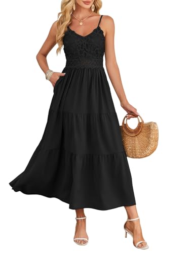 Image of Dokuritu Women's Beach Crochet Lace Maxi Dress Solid Color Summer Vacation Wedding Guest Spaghetti Strap Long Dress