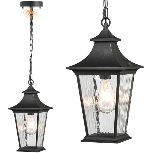Image of 16.4 Inch Black Hanging Porch Lights Outdoor Waterproof Aluminum Outdoor Pendant Light Dusk to Dawn Exterior Hanging Light Fixture for Gazebo E26 Socket