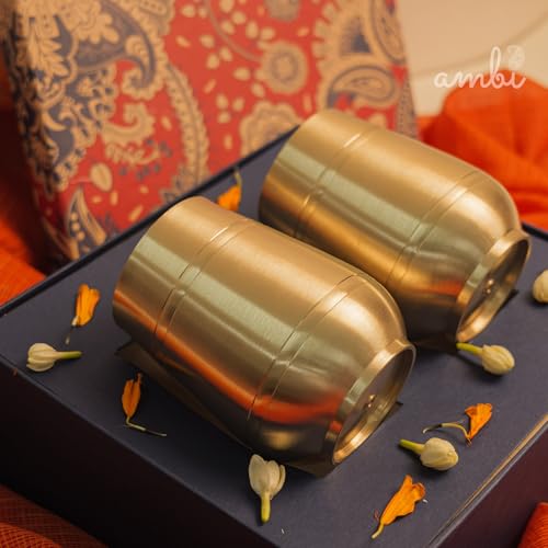 Image of Gift Set of 2 Lead Free 100% Pure Kansa Heavy Damru Glass - 330 ml Each | Festival Gift Box, Diwali Gifting, with a Beautiful Box | Gift Hamper