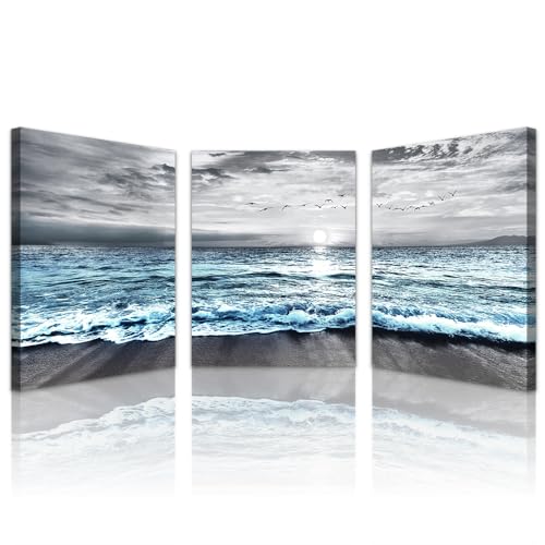 Lapremoly Canvas Wall Art For Living Room, Bedroom & Office Decor - Black & White Beach Wall Painting - Blue Ocean Sea Wave Pictures - 3 Piece Set - 20x28 in