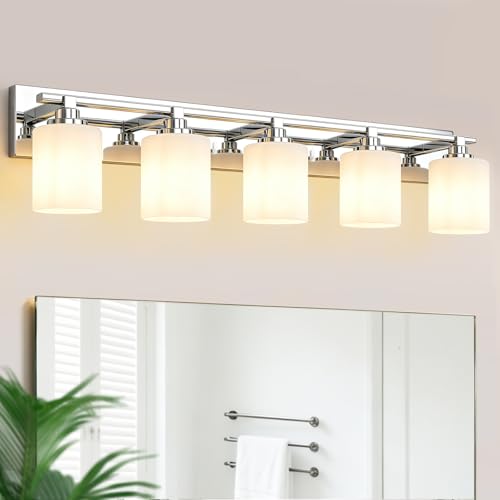Image of Modern Bathroom Lighting Fixtures Over Mirror, Vanity Lights for Bathroom, Wall Sconces with Milky White Glass Shades, E26 Ceramic Socket, 5-Light 35.4-inch Chrome