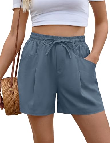 Rapbin Womens Shorts Summer Linen Cotton Wide Leg Drawstring Elastic Waist Casual Shorts with Pockets Denim Blue S