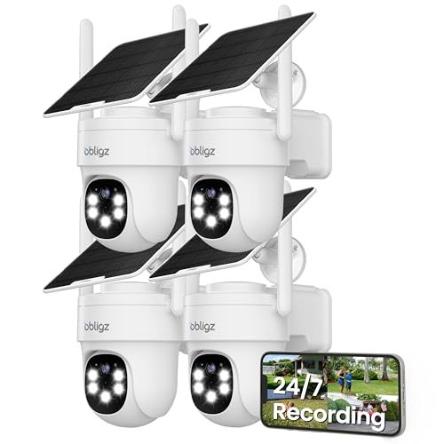obligz Solar Camera Security Outdoor - AOV 24/7 Recording Security Cameras Wireless Outdoor with 360 View Human Auto Tracking 2K Night Vision Compatible with Alexa/Google Assistant (4 Pack)