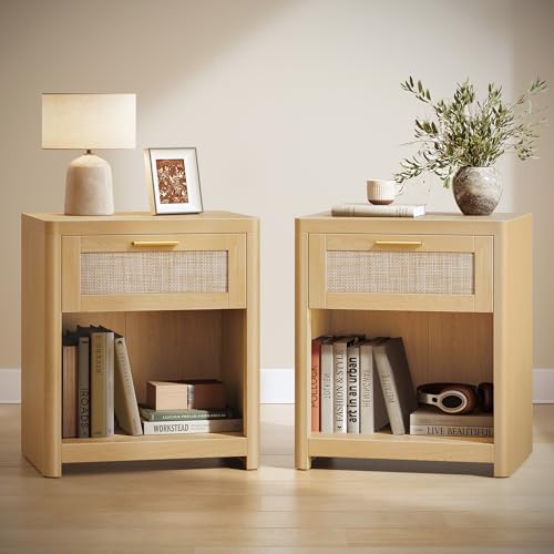 VASAGLE ELLAN Collection - Boho Nightstands with Rattan-Look Drawer Set of 2 Accent Side End Tables with Open Compartment Rounded Corners for Bedroom Bedside Oak Beige ULET818YC01