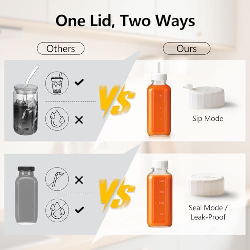 Image of Ruckae 16oz 12 Pack Glass Juice Bottles with Hole Lids - Reusable Square Glass Juice Bottles with Leak-Proof Lid & Capacity Marks for Containers Juicing,Milk,Smoothies