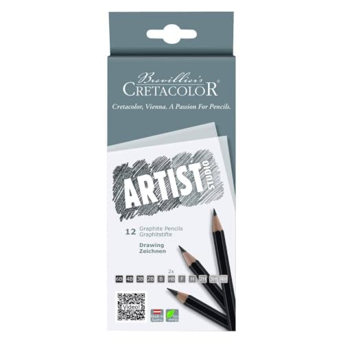 Image of BRUSTRO Artists' Sketch Book Wiro Bound, Size A5 (5.8x8.3 inches), 160 GSM, 116 Pages with Cretacolor Studio Line Graphite Pencil, Set of 12, Black| Ideal for Sketching,Drawing,Shading,Blending